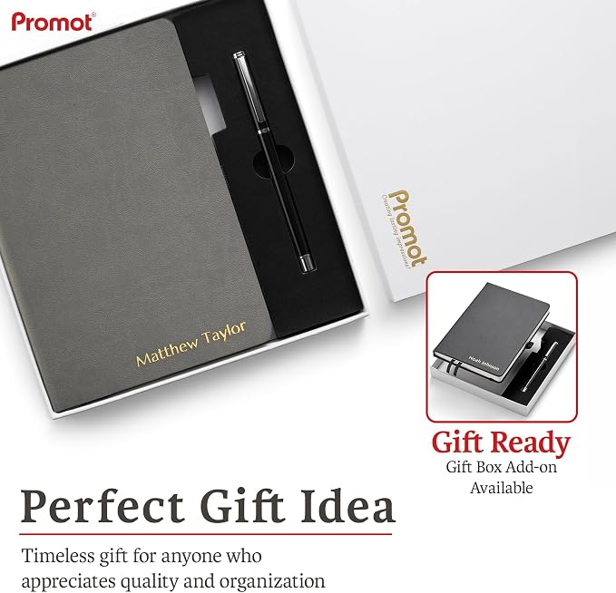 Promot PU Leather Ruled Journal Notebook- Custom Gold Metallic Text (Gray) | Premium Leather-Look Cover, Smooth Lined Writing Pages, Durable Everyday Construction, Lay-Flat Writing Experience