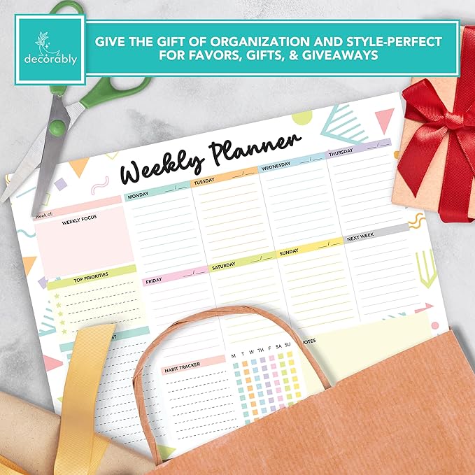 Decorably 52 Sheets Colorful Pastel Weekly to Do List Notepad - 11x8.5" Spring-Bound Planner Pad, Easy Tear-Off for Priorities, Habit Tracker, Focus & Notes - Home, School, Office