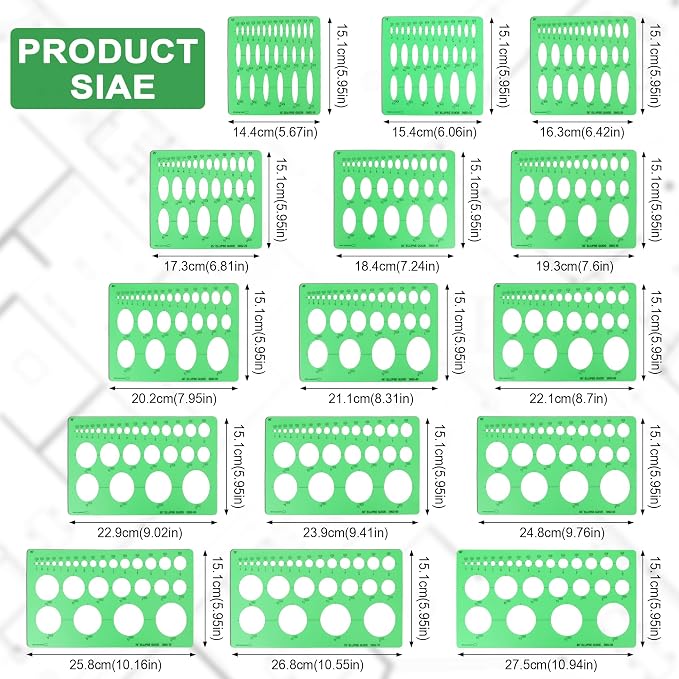 15 PCS Circle Template Set Plastic Circle and Oval Measuring Templates Series Ellipse Template for Students Professionals Precise Drafting with Storage Bag
