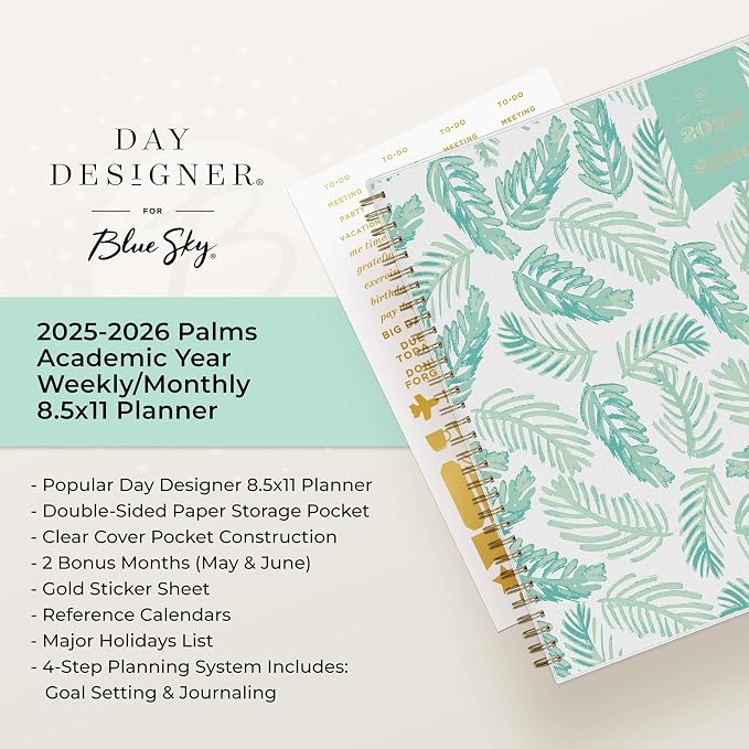 Blue Sky 2025-2026 Weekly & Monthly Academic Planner, 8.5"x11", Palms | July 2025 - June 2026, Flexible Cover, Laminated Tabs, Storage Pocket, Stickers, Academic Year, Day Designer