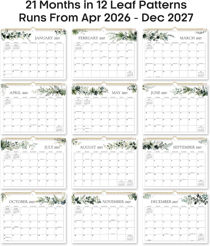 Calendar 2026-2027, Monthly Wall Calendar from April 2026 to December 2027, 11.5" x 14.7", Spiral Binding Hanging Wall Calendar, Perfect for Home or Office,Leaves
