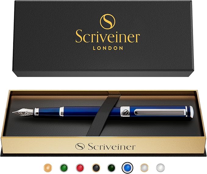 Scriveiner Midnight Blue Fountain Pen - Stunning Luxury Pen with Chrome Appointments, Schmidt Nib (Fine), Best Pen Gift Set for Men & Women, Professional, Executive, Office, Nice Pens