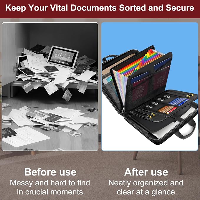 Fireproof Document Organizer with Lock, Hard-Shell Fireproof Document Box with 13 Pocket Accordion File Folder, Portable File Organizer Office Home Travel Safe Storage for Important Documents Laptop