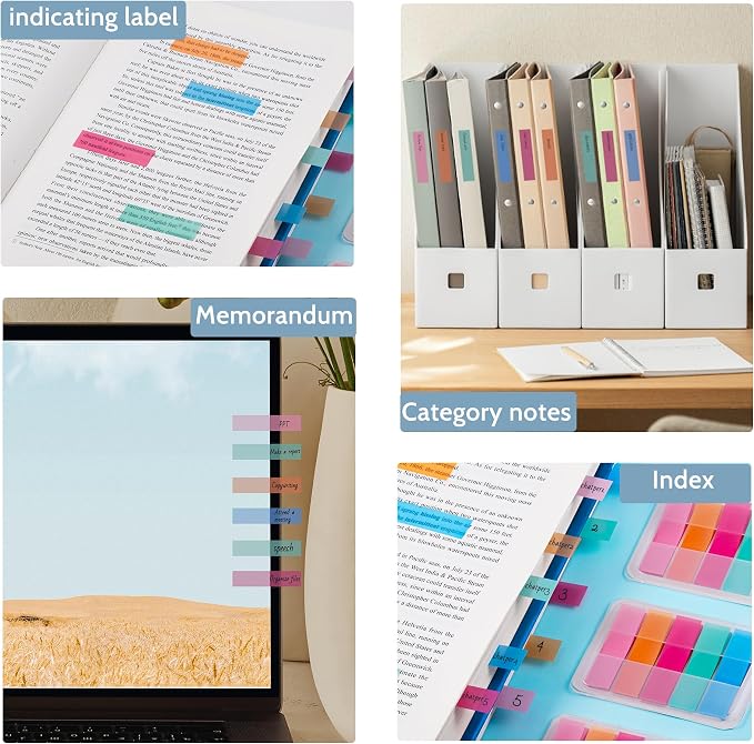 Golcellia Sticky Tabs, Bright Book Tabs for Notebooks, 300 Pcs | Writable bright paper tabs for books, notes, planners and files, repositionable page markers for school, office and home