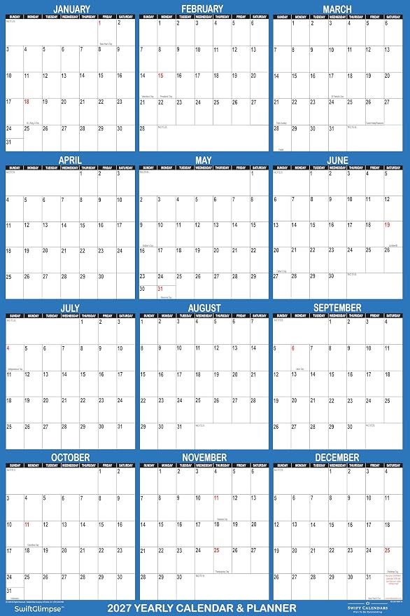 24" x 36" SwiftGlimpse 2027 Wall Calendar Erasable Large Wet & Dry Erase Laminated 12 Month Annual Yearly Wall Planner, Reversible, Horizontal/Vertical, Navy (3-PACK)