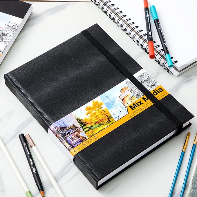 Ohuhu Mix Media Pad - 10.8" x 7.8" Mixed Media Art Sketchbook, 120 LB/200 GSM Heavyweight Papers, 78 Sheets/156 Pages, PU Hardcover Mixed Media Paper Pad for Acrylic Painting Christmas Gift