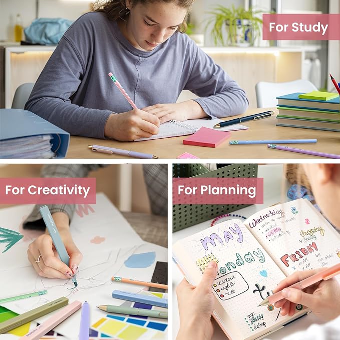 Cute Pencil Case With Supplies, 39 PCS Aesthetic Stationery Set with Pencil Pouch, 6 Black Ink Gel Pens, 12 Pastel Highlighters, 5 #2 HB Pencils, 4 Mechanical Pencils, Back to School Supplies - Pink