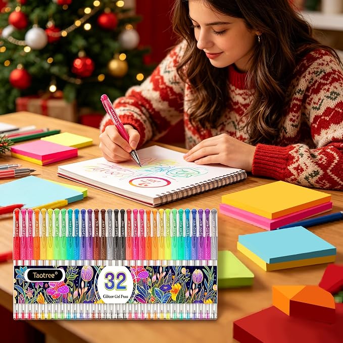 Taotree Glitter Gel Pens, 32 Colors Neon Glitter Pens, Colored Gel Markers | 40% More Ink Fine Point Art Markers Set for Adult Coloring Books, Drawing Art Supplies, School Journaling, Scrapbook Supplies