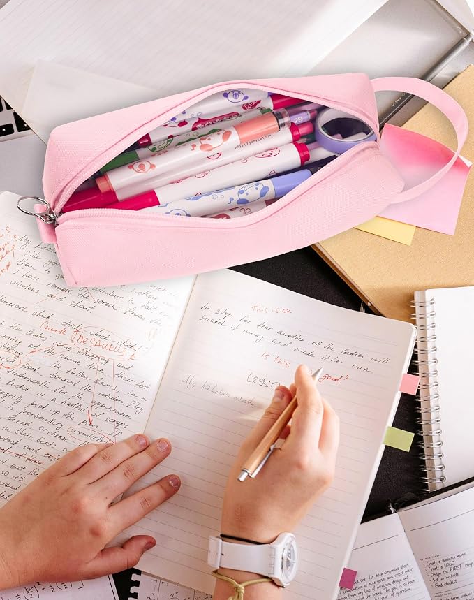 Fmeida Simple Pencil Case Pouch, Office Supplies Gift for Women, Light Pink | Eco-Friendly Fabric, Water-Resistant, Inner Pocket, Carry Handle