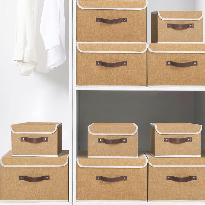 ANMINY Storage Bin with Lid Storage Boxes with PU Leather Handles PP Plastic Board Decorative Foldable Lidded Cotton Linen Fabric Home Cubes Baskets Closet Organizer Container - Khaki, Medium
