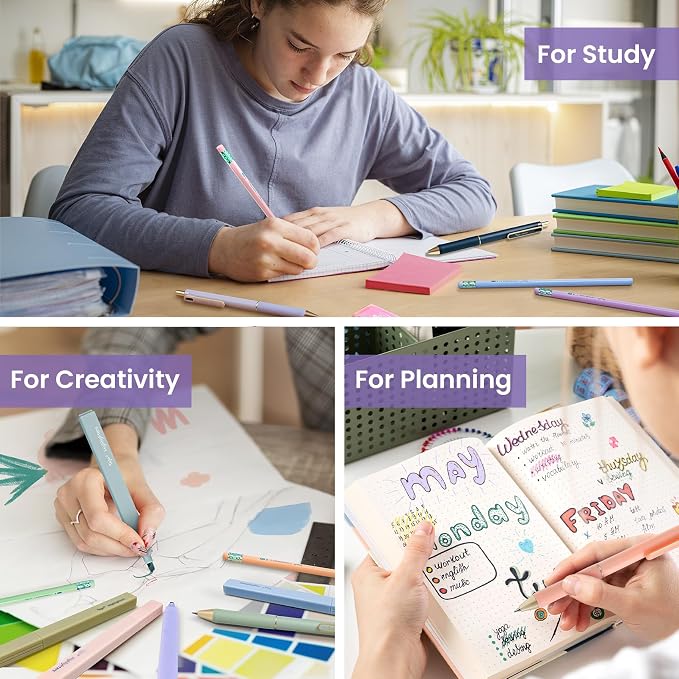 Cute Pencil Case With Supplies, 39 PCS Aesthetic Stationery Set with Pencil Pouch, 6 Black Ink Gel Pens, 12 Highlighters, 5 #2 HB Pencils, 4 Mechanical Pencils, Back to School Supplies - Light Purple
