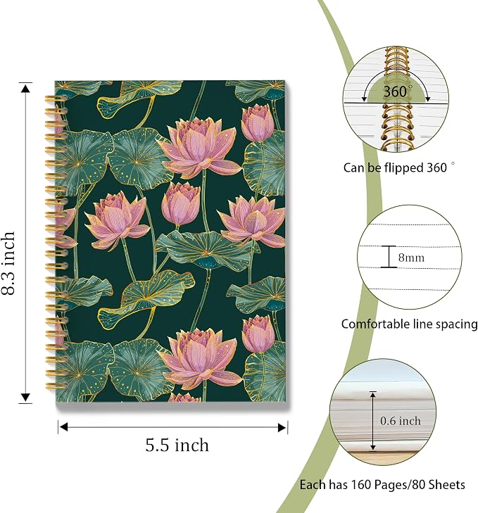 Pink Lotus Flower Spiral Notebook, Dark Green and Gold Lotus Leaves Floral Journal, Vintage Luxury Water Lily Nature Botanical Hardcover Notebook Journal, 5.5x8.3 Inch