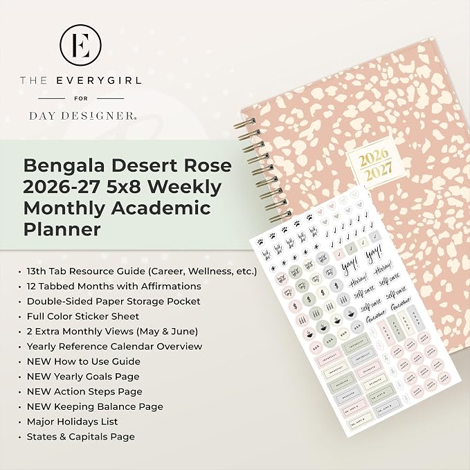 Blue Sky 2026-2027 Weekly & Monthly Academic Planner, 5"x8", Bengala | July 2026 - June 2027, Flexible Cover, Wirebound, Laminated Tabs, Storage Pocket, Stickers, Academic Year, The Everygirl