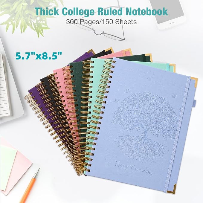 Spiral Notebook, College Ruled Notebook, A5, 300 Pages Leather Journals for Writing, 5.7" x 8.5", Hardcover Journaling Notebooks for Work School, 24pcs Tabs, Large Embossed Journal for Women Men, Blue