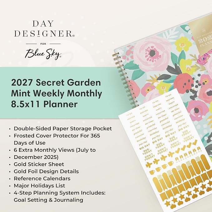 Blue Sky 2027 Weekly & Monthly Planner, 8.5"x11", Secret Garden Mint | January 2027 - December 2027, Flexible Cover, Durable Twin Wire Binding, Storage Pocket, Stickers, Day Designer
