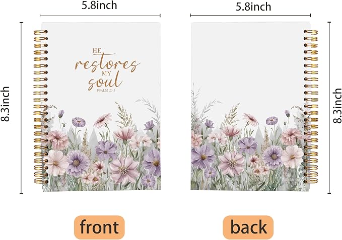 Christian Notebook for Women, Christian Gifts Journal, Prayer Journal for Women, Bible Journaling Notebook, PSALM 23:3 He Restores My Soul Floral Spiral Notebook 5.5x8.3