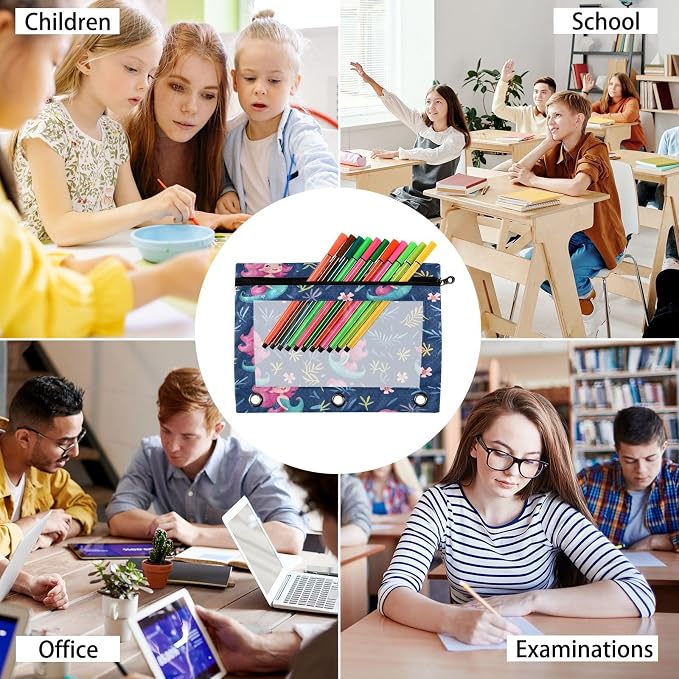 Beautiful Mermaid Pencil Pouch Fits standard 3-ring binders, Zipper Binder Pencil Bag with Clear Window for Class Office 2 Pack
