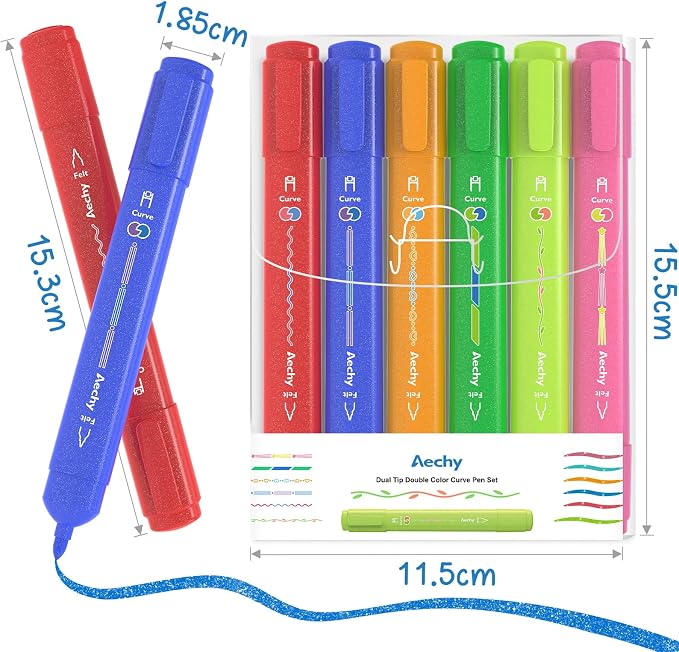 AECHY Dual Tip Glitter Highlighters & Dual-Color Curve Roller Pens,6 Pack | Sparkle Markers with Bullet Tip & Dual-Color Gradient Roller for Journaling, Note Taking, Scrapbooking,School Supplies &Gifts