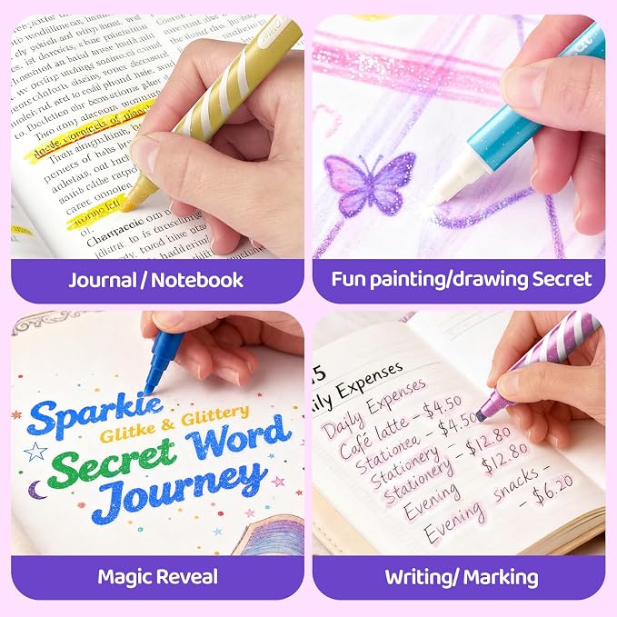 JoyCat 10-Color Erasable Glitter Markers for Kids, Dual Tip Sparkle Pens | Fun pens for kids use glitter color and white eraser tips to correct details, create highlights and reveal secret messages.