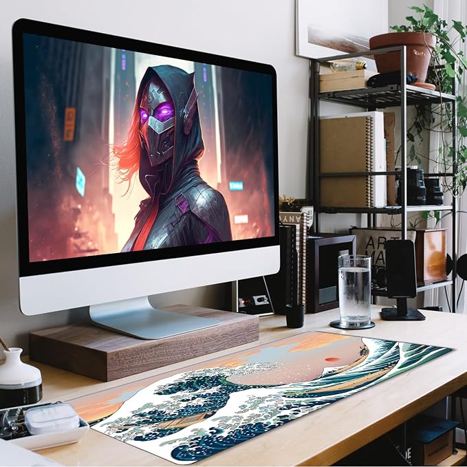 Japanese Large Mouse Pad, DeskMat Office Desk Pad, Extended Large MouseMat for PC, Stitched Edges Gamer Mousepad 31.5 X 15.7 Inch Long Mice Pad, Sunset Sea