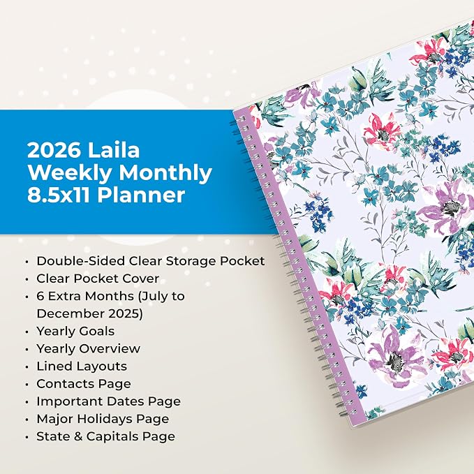 Blue Sky 2026 Weekly & Monthly Planner Calendar, 8.5"x11", Laila | January 2026 - December 2026, Clear Pocket Cover, Durable Twin Wire Binding, Laminated Tabs, Storage Pocket