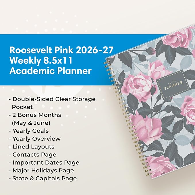 Blue Sky 2026-2027 Weekly & Monthly Academic Planner Calendar, 8.5"x11" | July 2026 - June 2027, Roosevelt Pink, Flexible Cover, Wirebound, Storage Pocket, Laminated Tabs, Academic Year