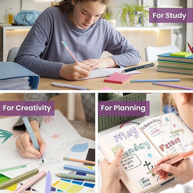 Cute Pencil Case With Supplies, 39 PCS Aesthetic Stationery Set with Pencil Pouch, 6 Black Ink Gel Pens, 12 Pastel Highlighters, 5 #2 HB Pencils, 4 Mechanical Pencils, Back to School Supplies - Purple