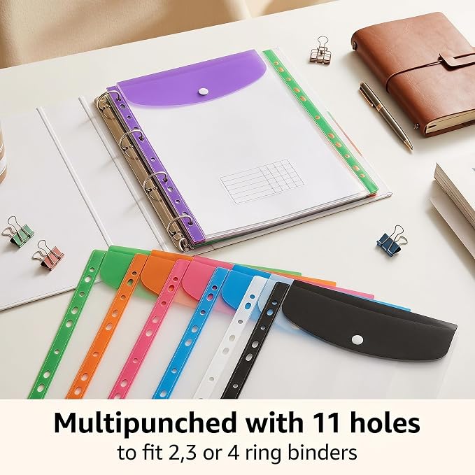 12 Pack Expandable Plastic Envelopes Binder Pocket, 11 Hole Expanding File Pockets for 2/3/4 Ring Document Pouch with Snap Button & Label, Loose-Leaf Transparent for School Home Office