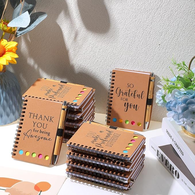 Honoson 80 Set Back to School Teacher Appreciation Gifts Bulk Inspirational Notebook with Sticky Note and Bamboo Pen Set Coworker Thank You Gifts for Employee Team Staff Office Group (Kraft)