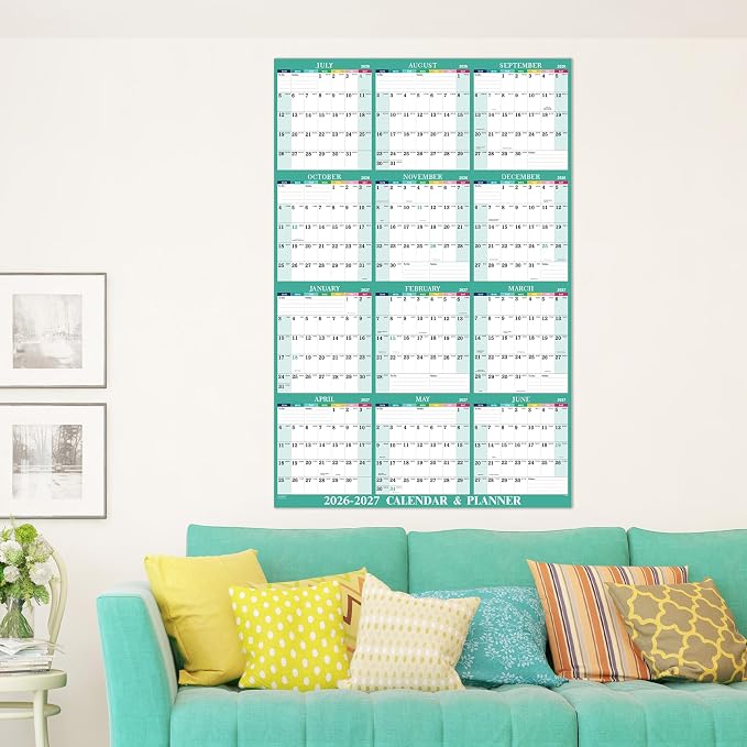 Yearly Wall Calendar 2026-2027 - 2026-2027 Calendar, July 2026 - June 2027 | Yearly Wall Calendar 26-27, 34.8"""" x 22.8"""" (Open), 26-27 Calendars Vertical, One Page for Organizing - Colorful Lump