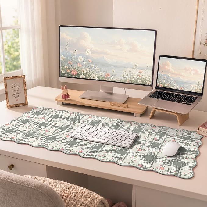 iCasso Leather Scalloped Checkered Desk Mat, XXL Flower Mouse Pad, Back to School Desk Matt for Desktop, Anti-Slip Big Cute Mousepad with Stitched Edges for Home Office Decor (Light Green)