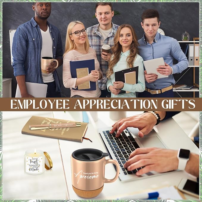 Sayglossy 4 Pcs Thank You Gifts Set for Men Back to School Teacher Appreciation Gift Leather Notebook Inspirational Coffee Mug Scented Candle Ballpoint Pen for Male Employee Coworker Boss Nurse, Gold