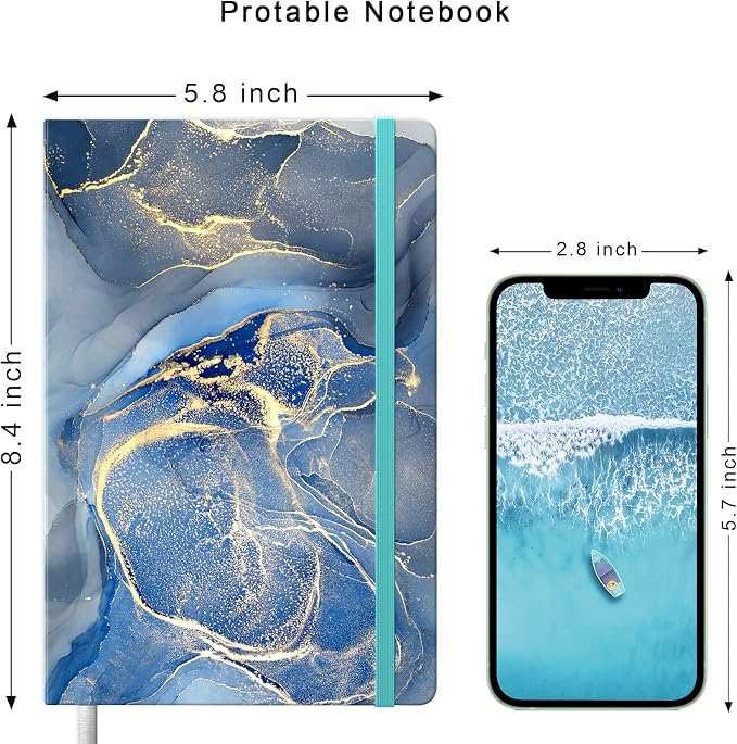 Lined Journal Notebook, Hardcover, Medium 5.7 x 8.4 in, 160 Pages Thick Paper, Cute Aesthetic A5 College Ruled Notebook for Journaling Writing Work Office School Women Men, Gray Blue Marble
