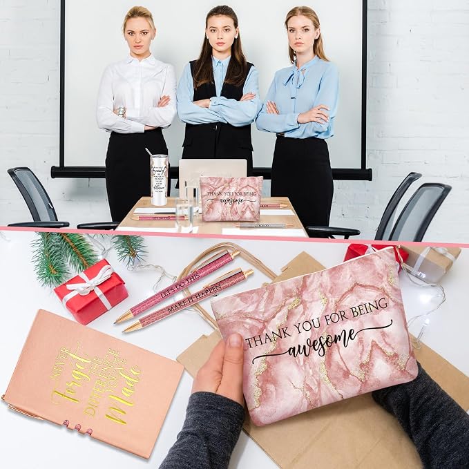 Domensi 6 Pcs Employee Appreciation Gift Set for Women Female Thank You Gift May You Be Proud 20 oz Rustic Marble Sign Tumbler Makeup Bag Journal for Boss Teacher Work Business(Pink)
