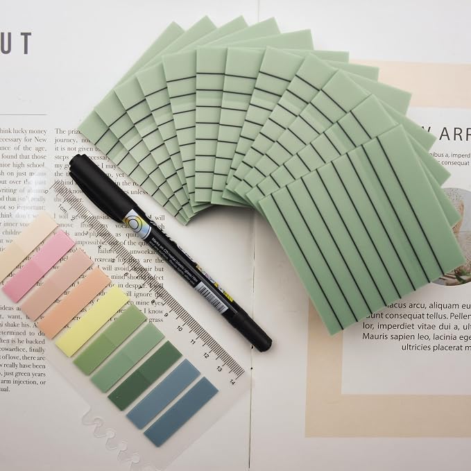YOUDEFUL 800Pcs Transparent Sticky Notes, Green Clear Sticky Notes with Lined, 3"x3" Waterproof Translucent Sticky Note Pads, Index Tabs, Clear Post it Notes for Bible Study, See Through Sticky Notes