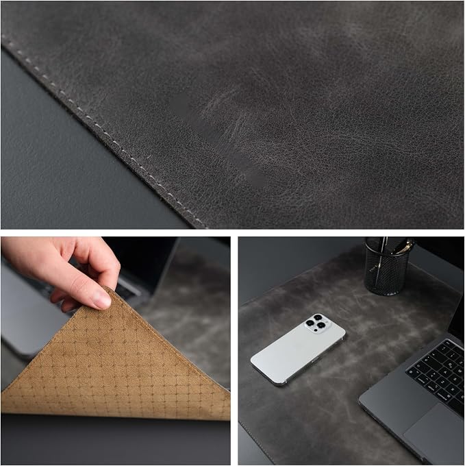 Jersey Genuine Calfskin Leather Desk Pad, Office Desk Mat with Non-Slip Bottom, Smooth Surface for Mouse & Keyboard, Desk Protector (14.6x31.5 inches) (Gray)