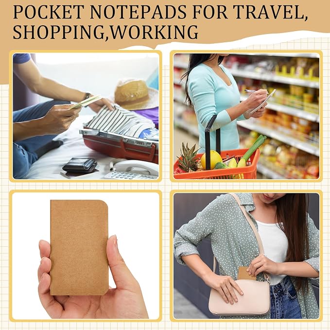 Outus 1 Pcs Pocket Notebook Mini Journal 2.5" x 4" Kraft Paper Mini Notepad Bulk Softcover Pocket Notepad Memo Diary Subject Notebooks for Student Travel School (Brown,Brown Cover)