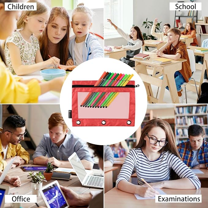 Gredecor Binder Pencil Pouch 3 Ring Red Zipper Pencil Pouches Case 2 Pack Clear Binder Organizer for School Office