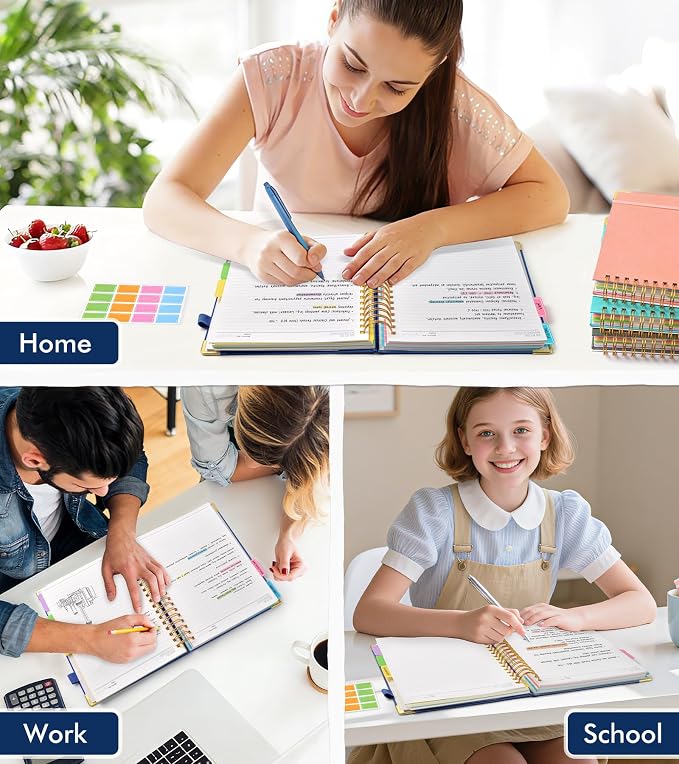 Spiral Notebook Journal with Removable Dividers Tabs, 300 Pages Hardcover Leather 5 Subject College Ruled Notebook, 8.5"x11" Large A4 Lined Journal for Women Men, Spiral Notebook for Work School, Navy