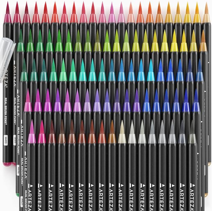 ARTEZA Real Brush Pens, 96 Colors, Watercolor Pens and Drawing Markers with Flexible Nylon Tips, Bonus Water Brush for Coloring, Sketching, Lettering and Art Journaling