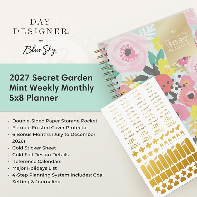 Blue Sky 2027 Weekly & Monthly Planner Calendar, 5"x8", Secret Garden Mint | January 2027 - December 2027, Flexible Cover, Durable Twin Wire Binding, Storage Pocket, Stickers, Day Designer