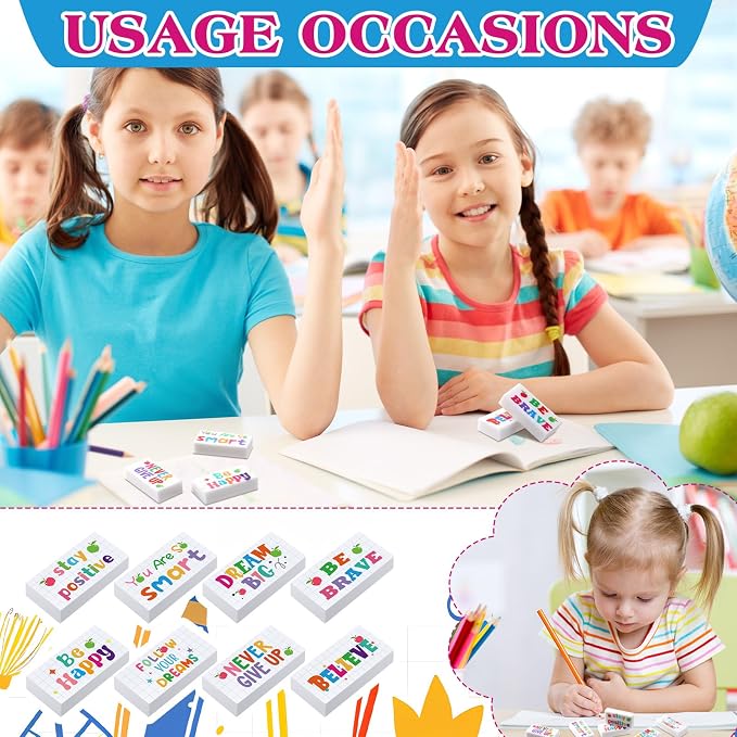 Dunzoom 100 Pcs Back to School Inspirational Pencil Erasers Bulk for Kids Fun Motivational Eraser School Office Supplies for Students Classroom Office Teacher Artists(Lovely)