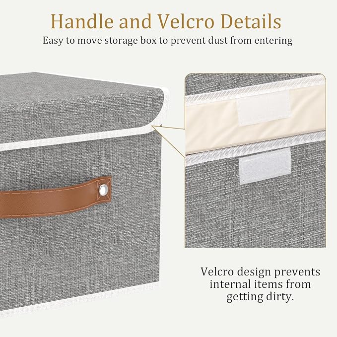 OUTBROS Collapsible Storage Boxes, Grey, 5 Pack 10.2 x 7.9 x 6.7 in | Cotton and linen cloth Storage Baskets with Handle, for Books, Closet, Bedroom, Home