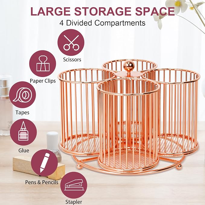360 Rotating Pen Holder, Large Pencil and Marker Organizer with 4 Slots, Desk Caddy Accessory (Rose Gold)