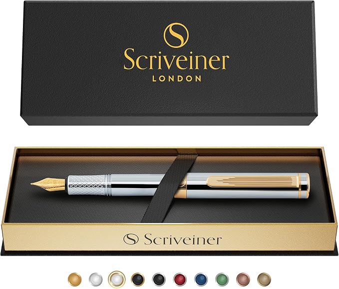Scriveiner Silver Chrome Fountain Pen (Fine), Award Winning, Heavy Pocket Stunning Luxury Pen, Real Gold Plating and Genuine Schmidt Nib, Includes Converter, Fancy EDC Writing Gift Set for Men & Women