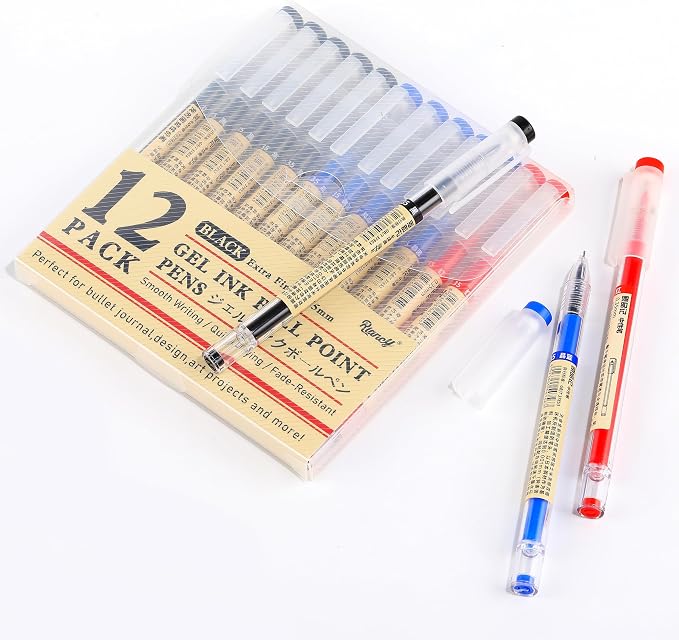 Japanese Style Black Blue & Red Gel Ink Pens, 0.35mm Extra Fine Point, No Smudge Quick Drying, Japanese Ink Pen for Journal Planners, Thin Notebook Paper, Office School Supplies 12 Pack