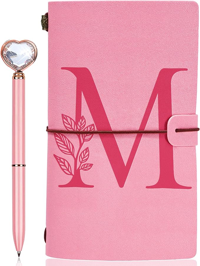 Personalized Journal Gift-Pink Initial Leather Journal+Heart Diamond Pen Set,Travel Notebook Diary Gifts,Refillable Notepads,Christmas,Birthday Gifts for Women Girls (7.9"x4.7") (M)