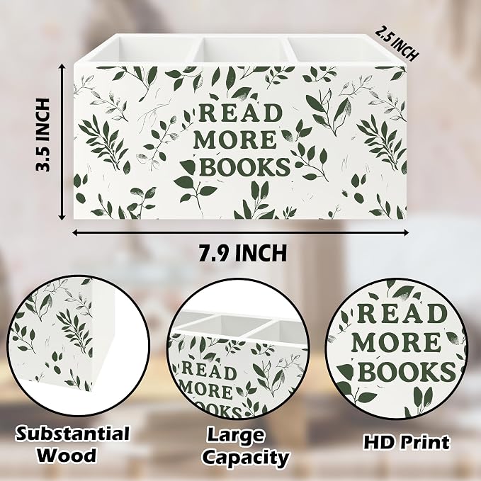 Reading Room Decor Pen Pencil Holder Organizer for Desk, Read More Books Botanical Wooden Box Signs Decorations for Reading Nook Corner Room Library Desk Tabletop, Book Lover Reader Gifts