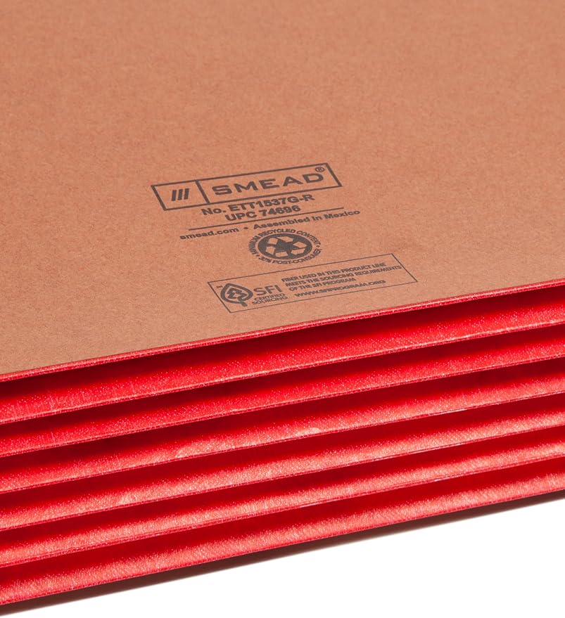 Smead End Tab Pocket, Reinforced Straight-Cut Tab, 5-1/4" Expansion, Extra Wide Legal Size, Redrope with Red Gusset, 10 per Box (74696)