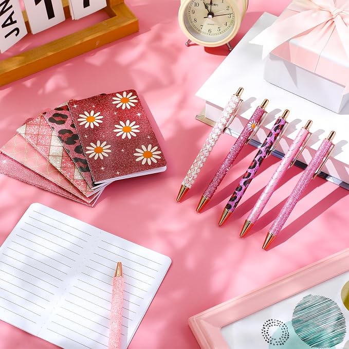 12 Set Cute Mini Notebook and Fancy Pen Gift Set for Women 6 Mini Glitter Pocket Notepad 6 Cute Sparkly Glitter Pen for Girl Office First Day of School Mother's Day Christmas Graduation(Pink)